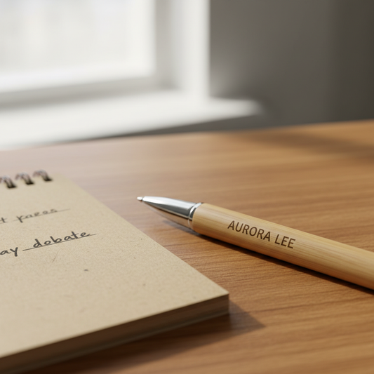 Bambus-Kugelschreiber mit Gravur auf Schreibtisch