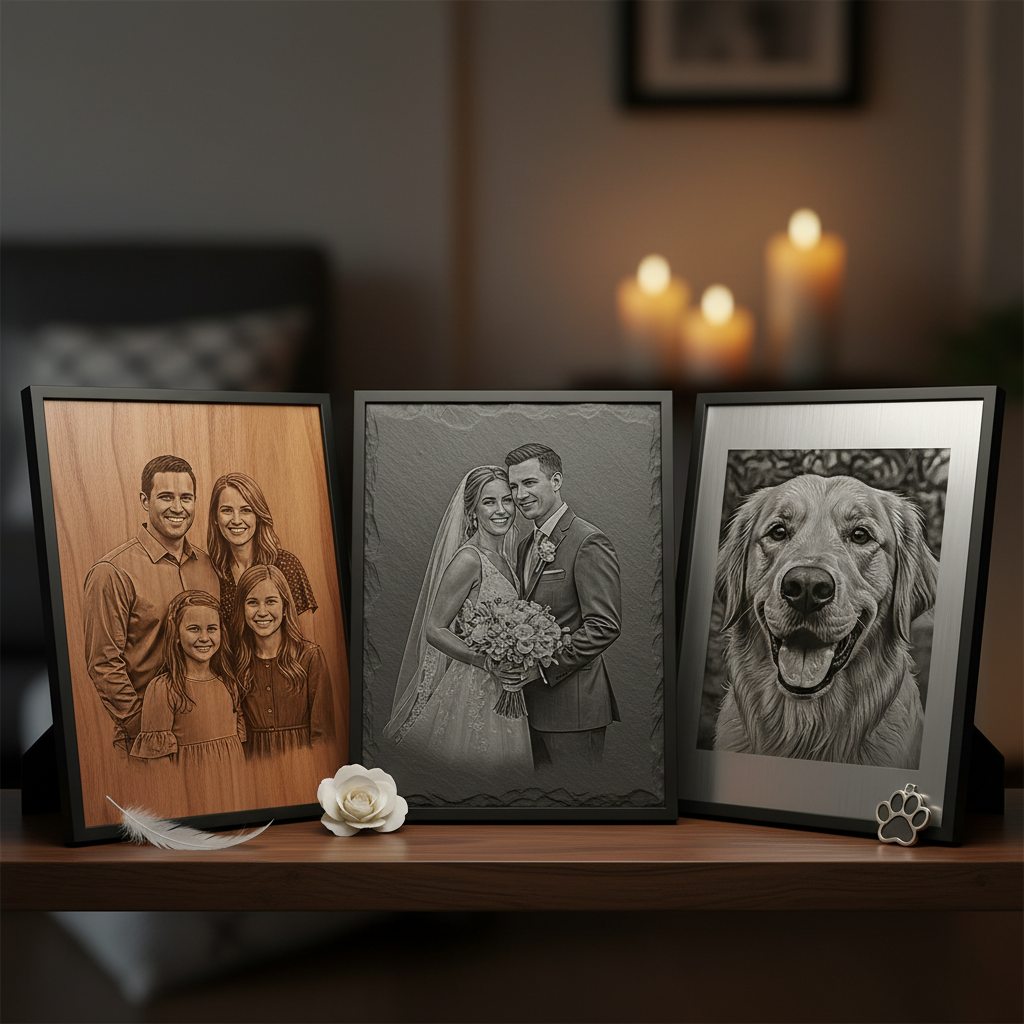 Fotogravur auf Holz, Schiefer & Edelstahl