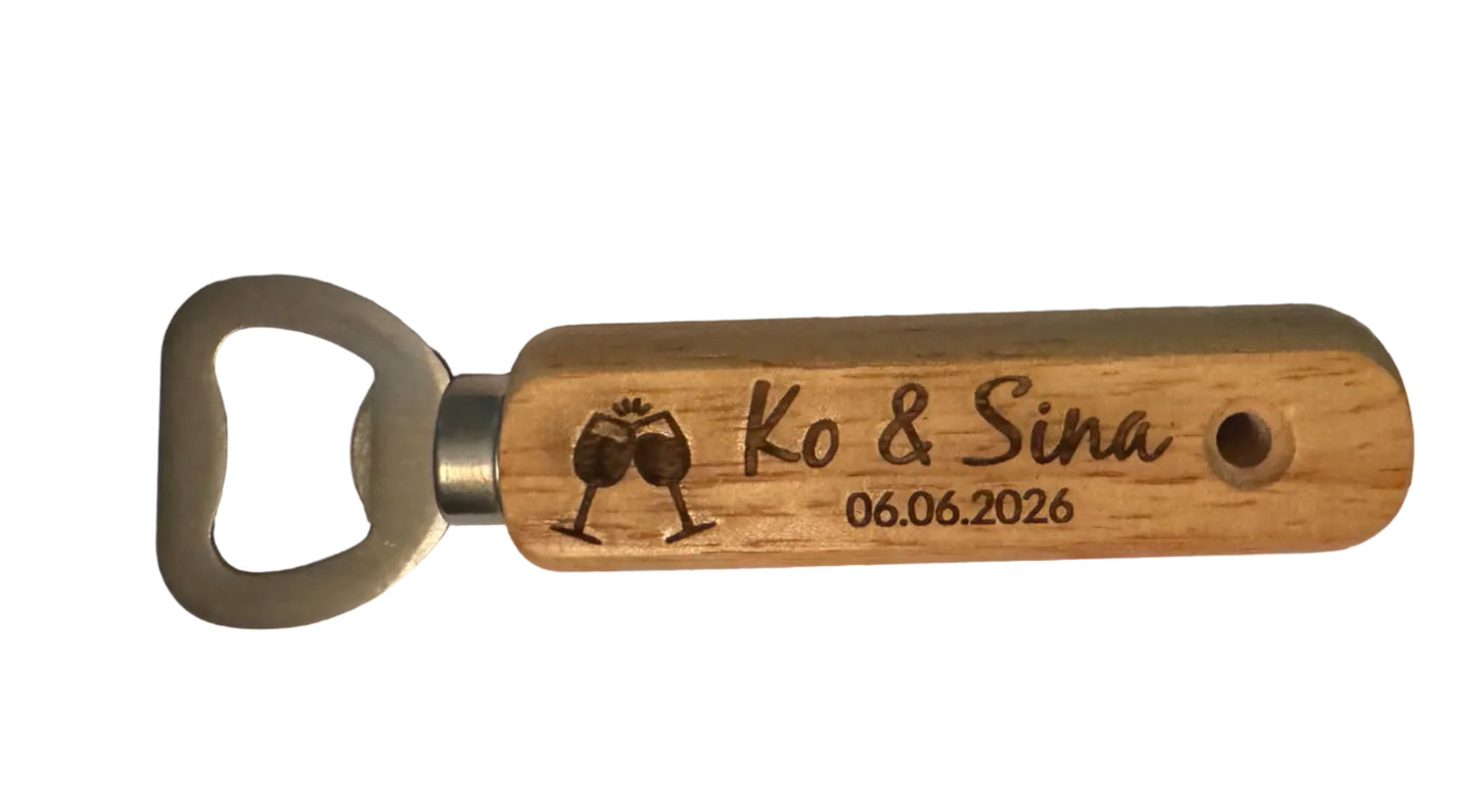Flaschenöffner Holz – Text & Grafik Gravur personalisiert