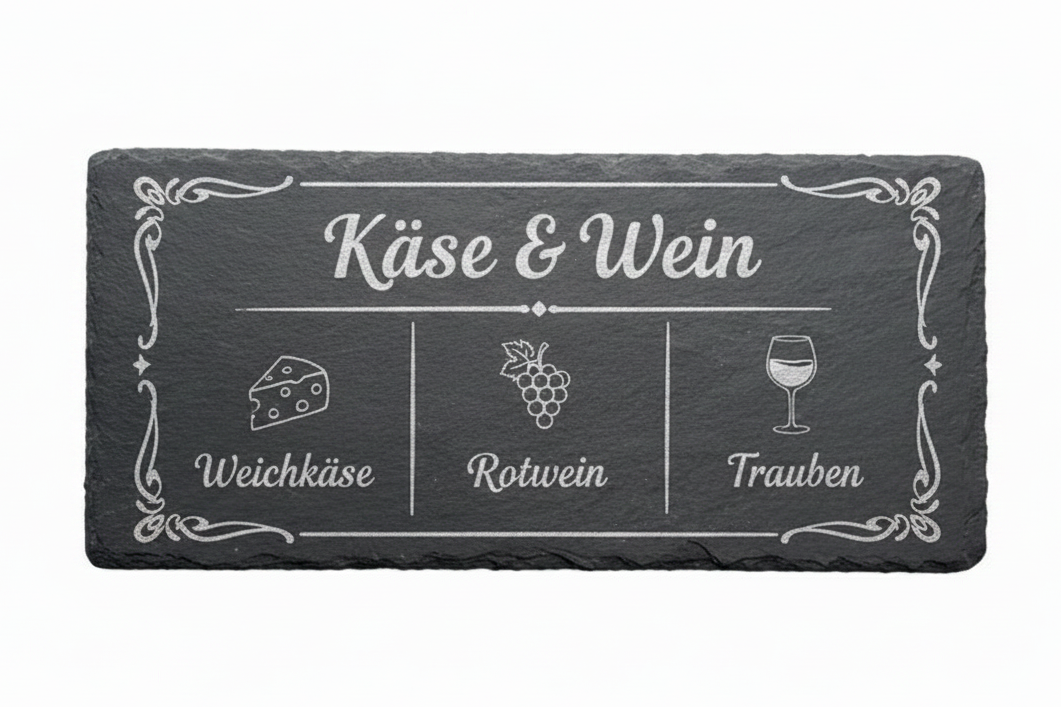 Schiefer Gravur Käse Wein
