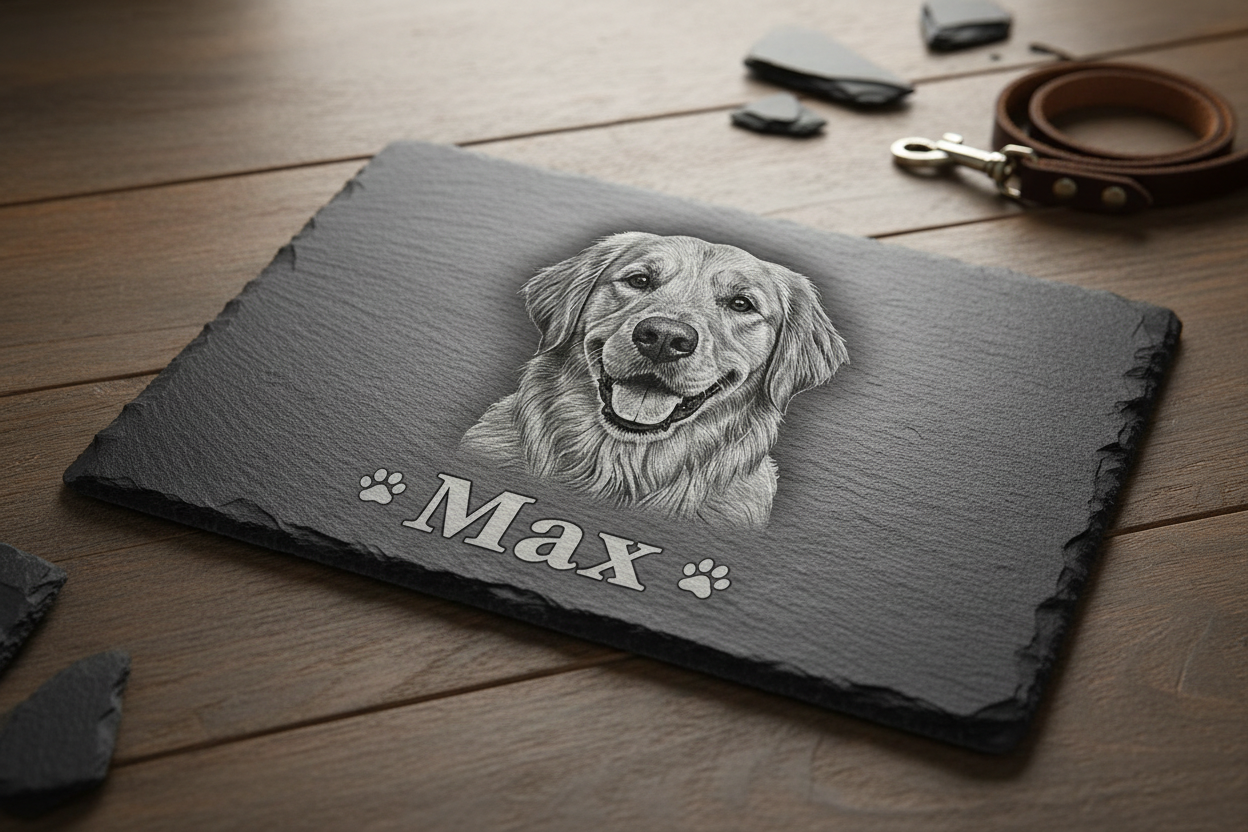 Schieferplatte mit Hunde-Fotogravur